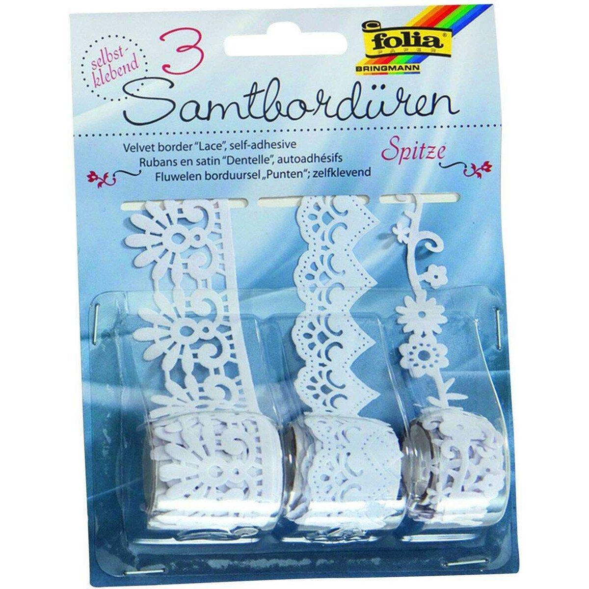 Folia Samtbordüren Spitze weiß, 3 Rollen
