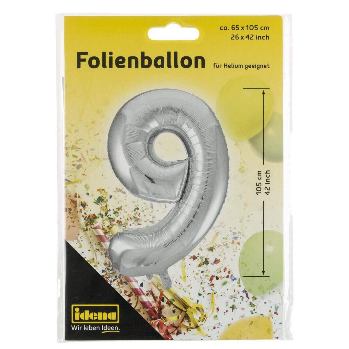 Idena Folienballon "9", 65 x 105 cm, für Helium geeignet, silber