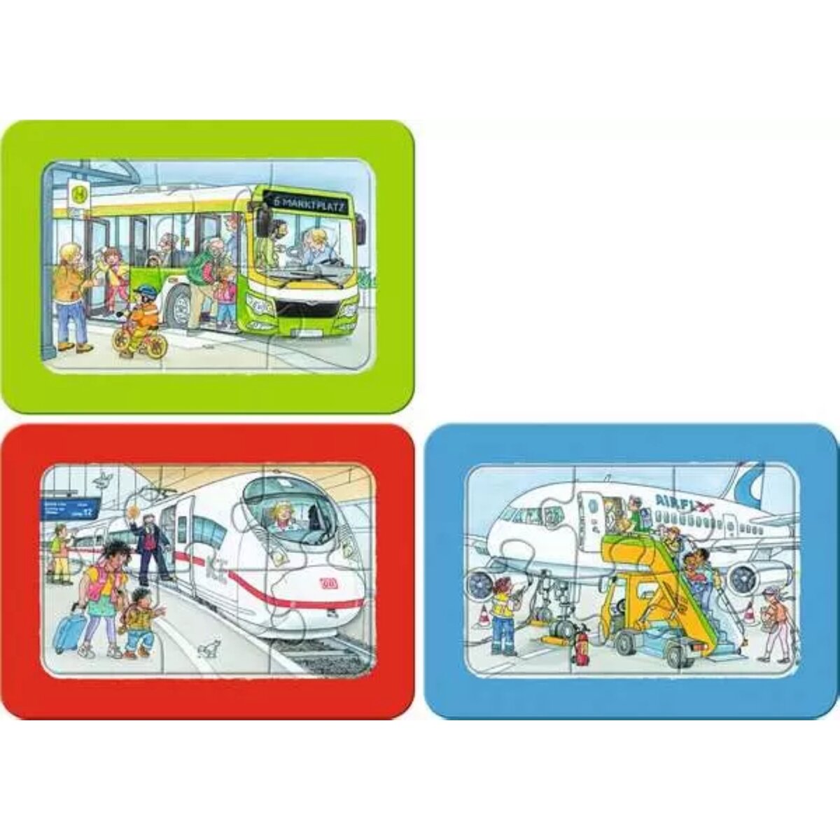 Ravensburger Kinderpuzzle 6 Teile Unterwegs mit Bus, Bahn und Flugzeug