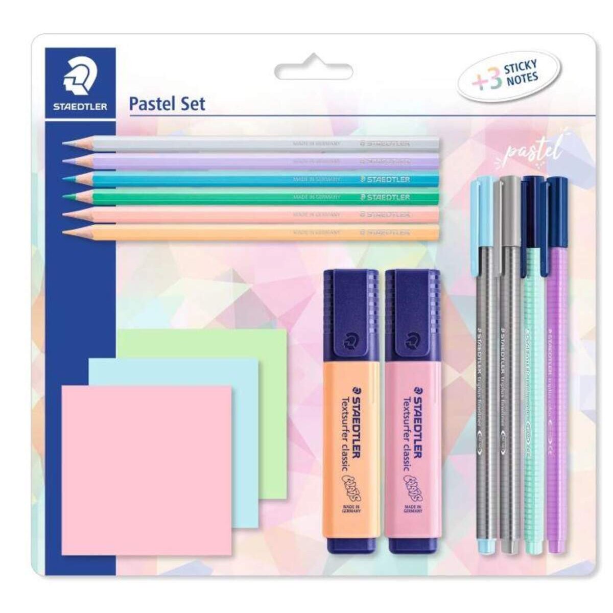 STAEDTLER® Pastell Set mit 6 Farbstiften, 2 Textsurfern, 2 Finelinern, 2 triplus color und 3 Haftnotizblöcken