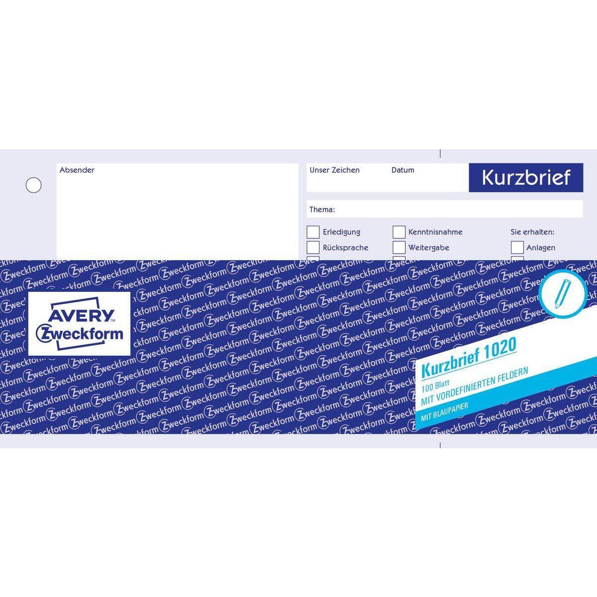 Avery Zweckform 1020 Kurzbrief, 1/3 A4, mit Blaupapier, 100 Blatt