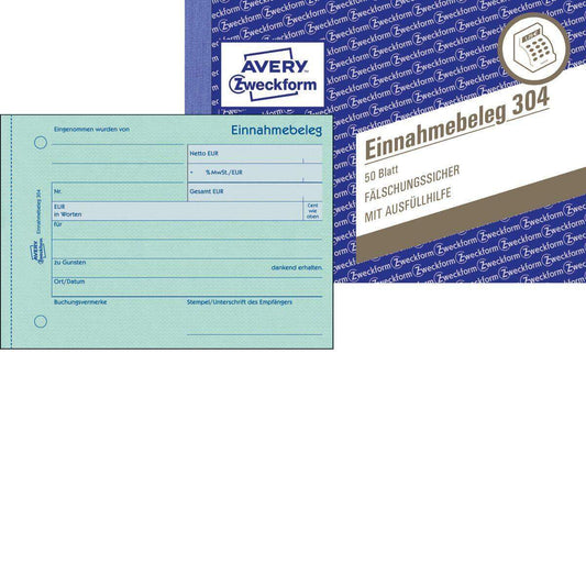 Avery Zweckform 304 Einnahmebeleg, A6 quer, grün, 50 Originale, 50 Blatt