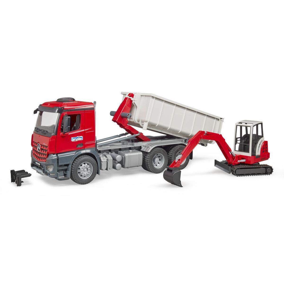 BRUDER® 3624 MB Arocs LKW mit Abrollcontainer u. Schaeff HR16 Minibagger