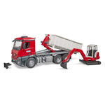 BRUDER® 3624 MB Arocs LKW mit Abrollcontainer u. Schaeff HR16 Minibagger