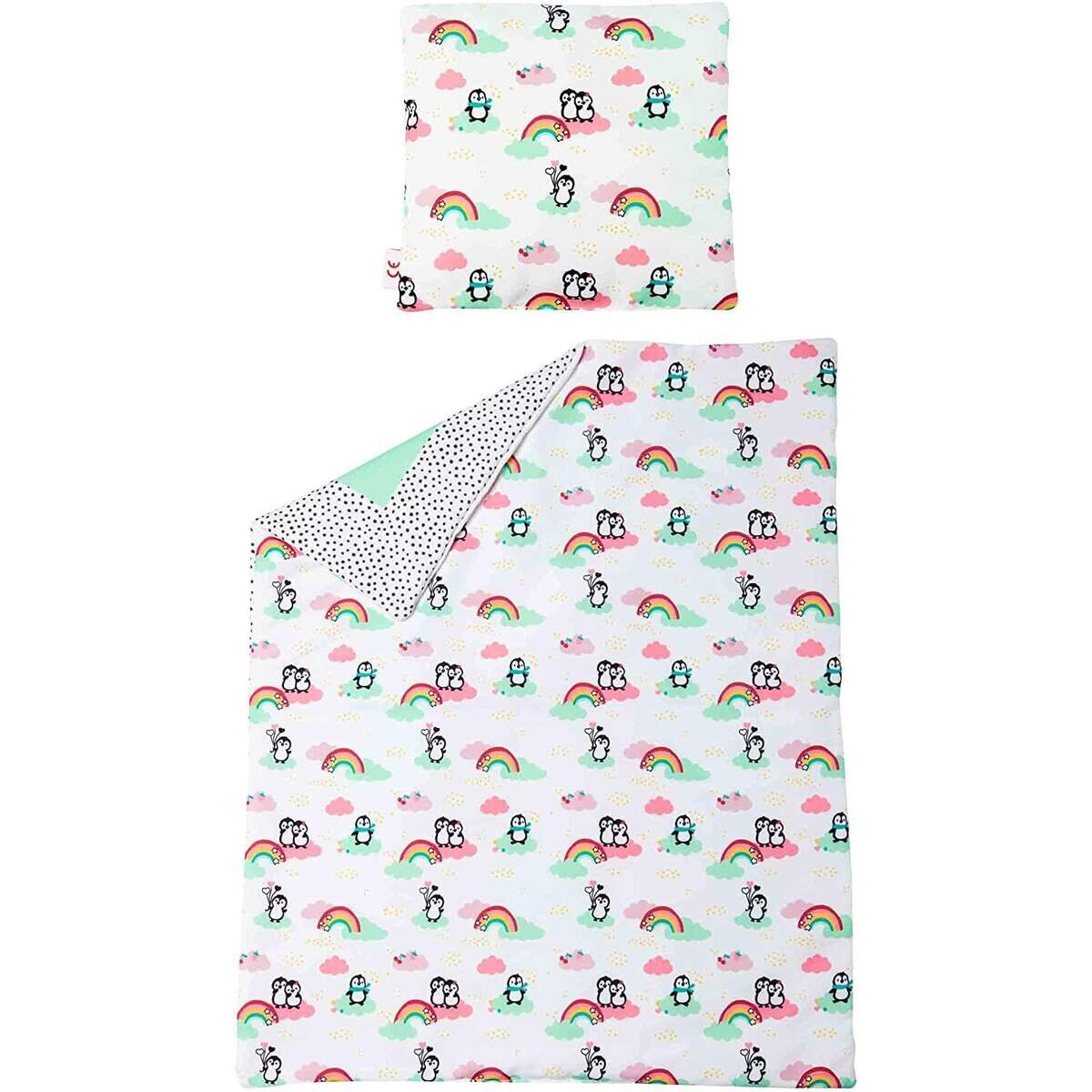 Heless 1000 - Puppen-Wendebettdecke mit Kissen im Pinguin Pünktchen Design