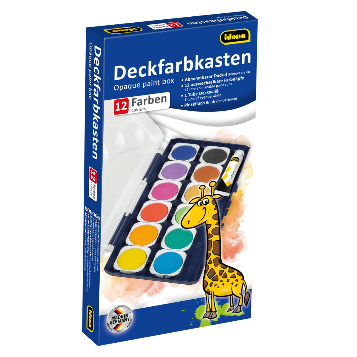 Idena Deckfarbkasten, 12 Farben, 1 Tube Deckweiß