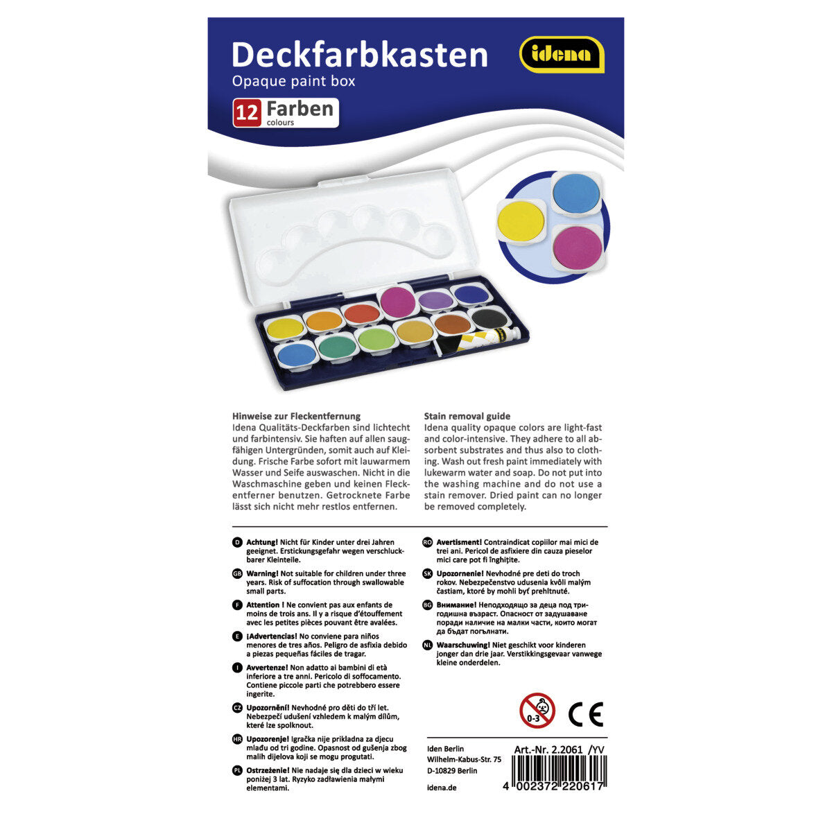 Idena Deckfarbkasten, 12 Farben, 1 Tube Deckweiß