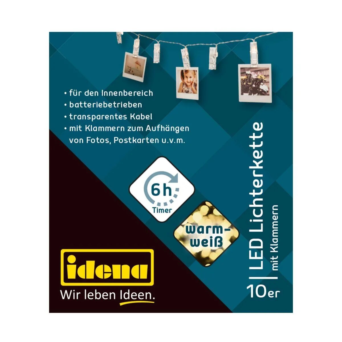 Idena LED Lichterkette Wäscheklammern mit 6h-Timer