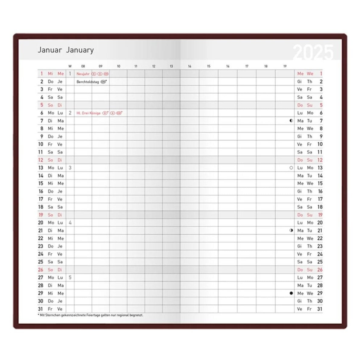 Idena Taschenplaner Classic 2025 – 8,7 x 15,3 cm, FSC® Mix, burgund