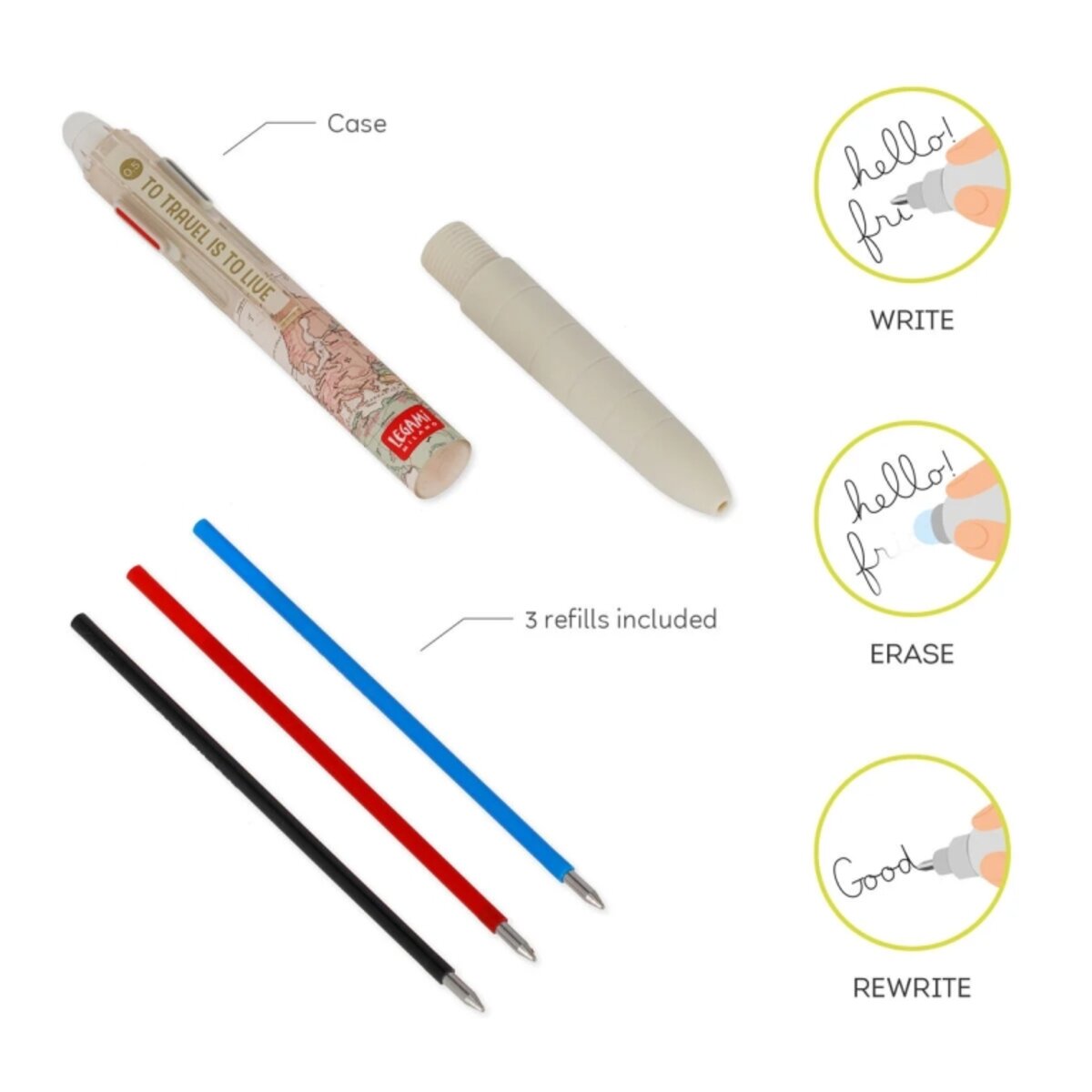 Legami Löschbarer Gelstift mit 3 Farben - Travel - Make Mistakes