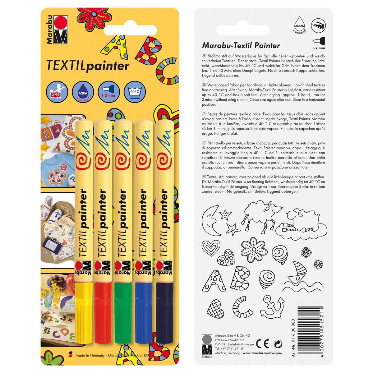 Marabu 11600080 - Textil Painter, 5 Stück, 1-2mm