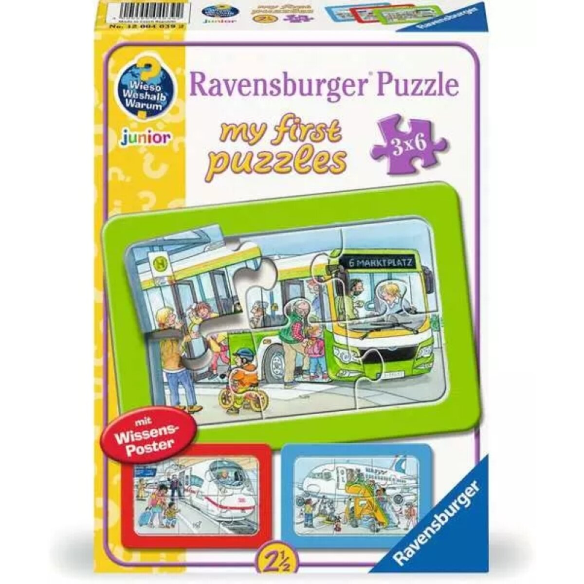 Ravensburger Kinderpuzzle 6 Teile Unterwegs mit Bus, Bahn und Flugzeug