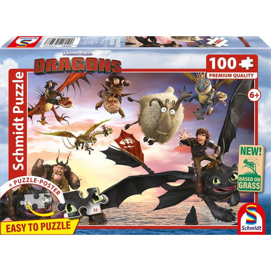 Schmidt Spiele Puzzle - DRAGONS: Drachenreiter in Aktion, 100 Teile, Eco-Friendly, Gras Kinderpuzzle