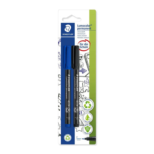 STAEDTLER® Lumocolor® permanent pen 318 Universalstift F, Blisterkarte mit 2 Stiften schwarz und blau, Linienbreite F, ca. 0,6 mm