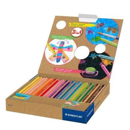 STAEDTLER® Noris® junior 140 Kindermalstift 3 in 1, Kartonetui mit 12 Malstiften in sortierten Farben und 1 Spitzer