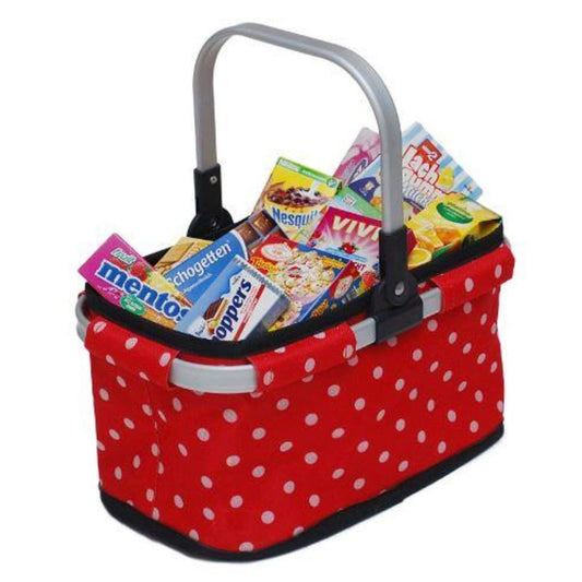 Tanner faltbarer Tragekorb rot mit Punkten gefüllt für die Puppenstube Kaufmannsladen