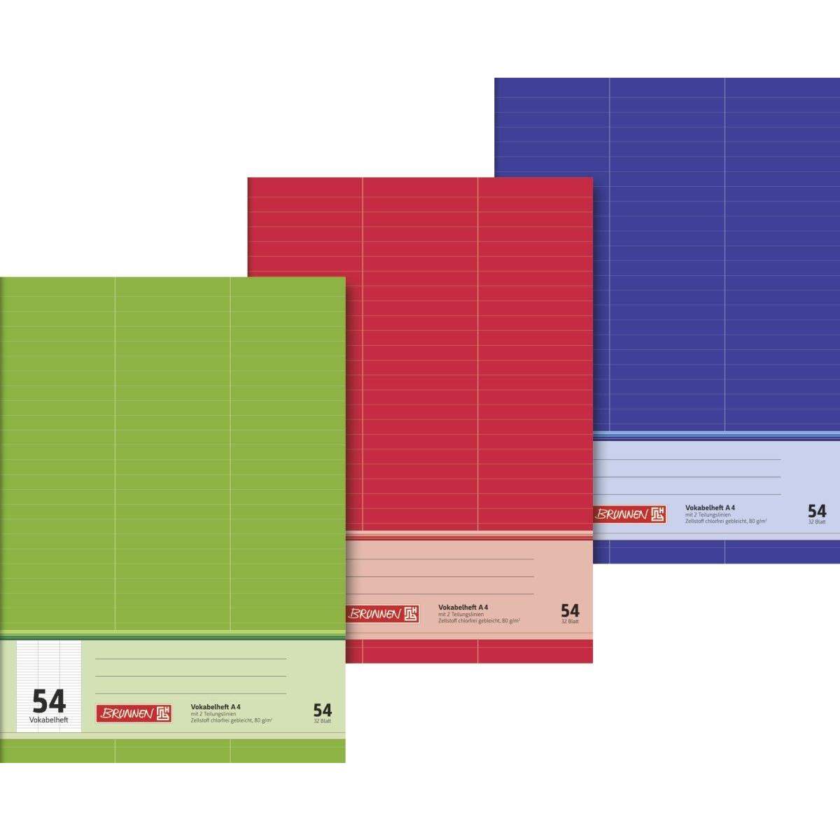 BRUNNEN Vokabelheft A4 liniert, mit 2 Teilungslinien, Lin. 54, 1 Stück sortiert