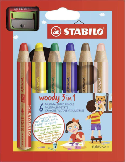 Buntstift, Wasserfarbe & Wachsmalkreide - STABILO woody 3 in 1 - 6er Pack mit Spitzer - mit 6 verschiedenen Farben