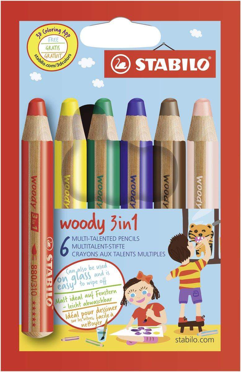 Buntstift, Wasserfarbe & Wachsmalkreide - STABILO woody 3 in 1 - 6er Pack - mit 6 verschiedenen Farben