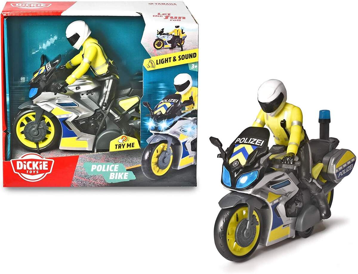 Dickie Toys Polizeimotorrad Yamaha, Friktion, Licht, Sound, mit beweglicher Fahrerfigur, 17 cm