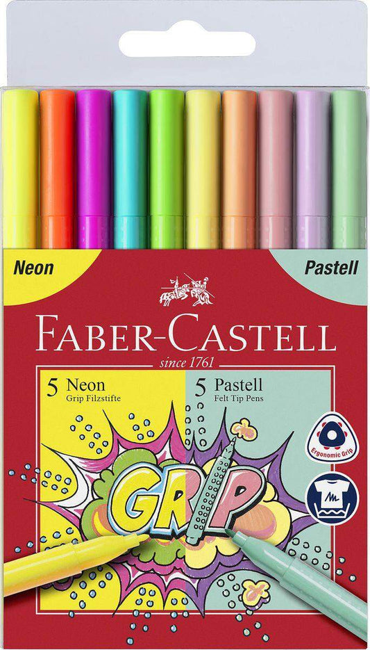 Faber-Castell Grip Filzstift Neon + Pastell, 10er Kunststoffetui