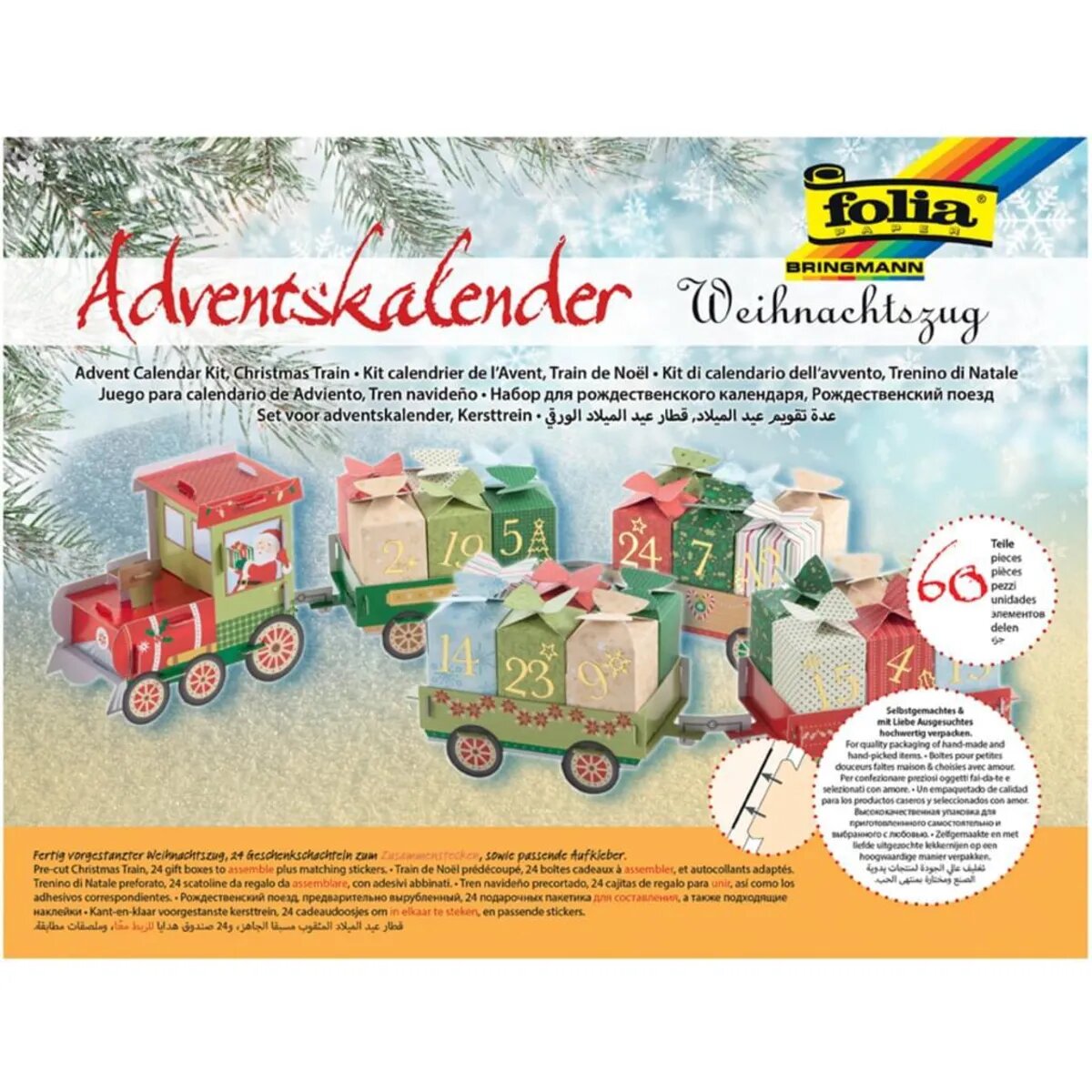 Folia Adventskalender Weihnachtszug, 60 teiliges Bastelset mit vorgestanzter Eisenbahn