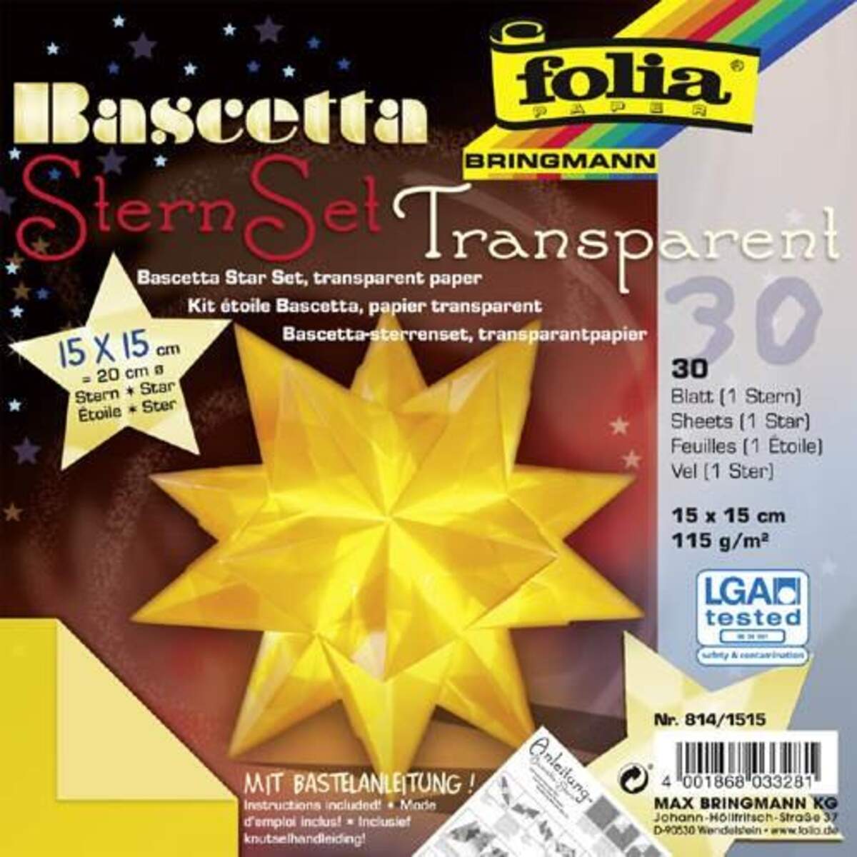 Folia Bascetta-Stern Bastelset, Transparentpapier 115g/m², gelb 15 x 15cm