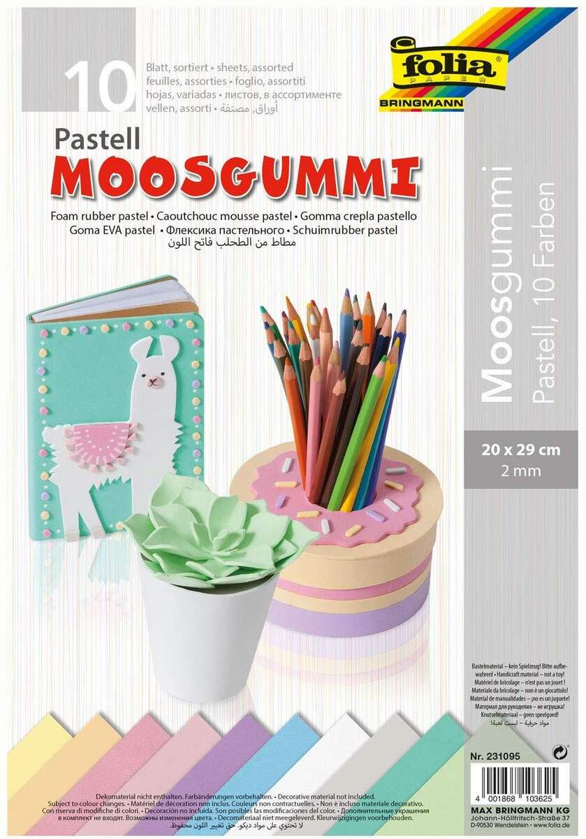 Folia Moosgummi Pastell, 2 mm, 10 Bögen, sortiert in 10 Pastellfarben