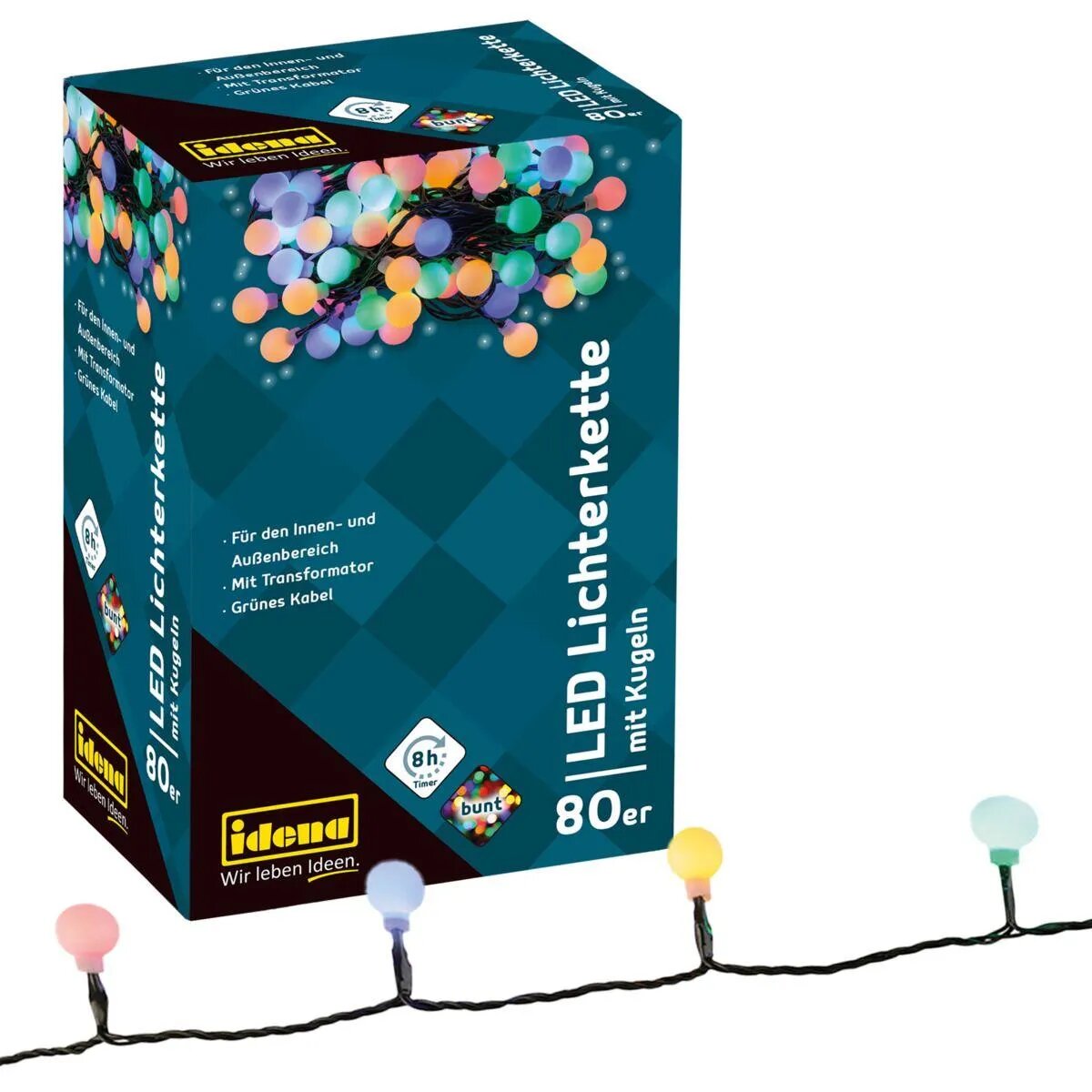 Idena 80er LED Lichterkette mit Kugeln, bunt, für innen/außen, Timer