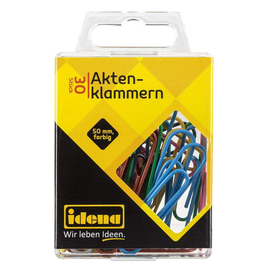 Idena Aktenklammern, 30 Stück, 50 mm, kunststoffummantelt, bunt