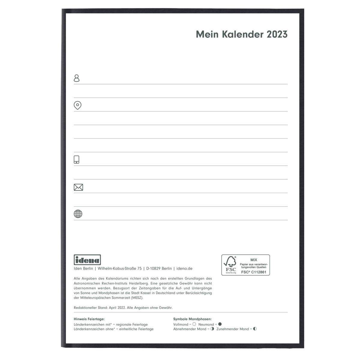 Idena Buchkalender A5 Basic schwarz FSC-Mix, 2023