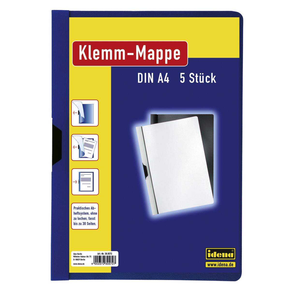 Idena Klemm-Mappen, DIN A4, 5 Stück, mit transparentem Deckel, blau