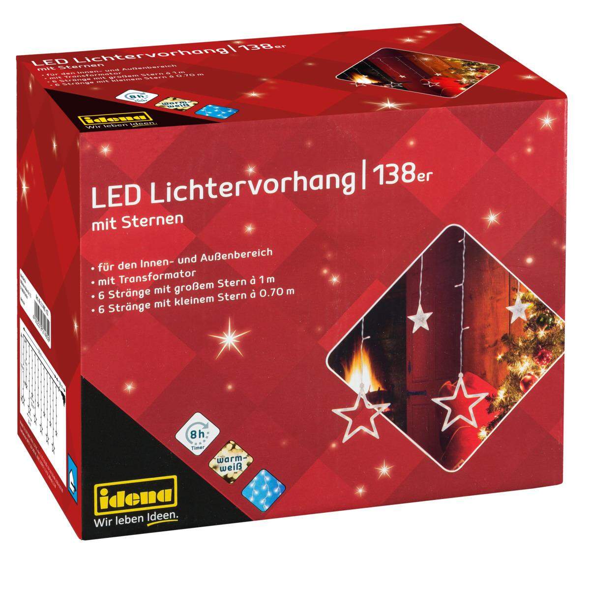 Idena LED Lichtervorhang mit 12 Sternsträngen, 138 LED in warm weiß, 8 Stunden Timer