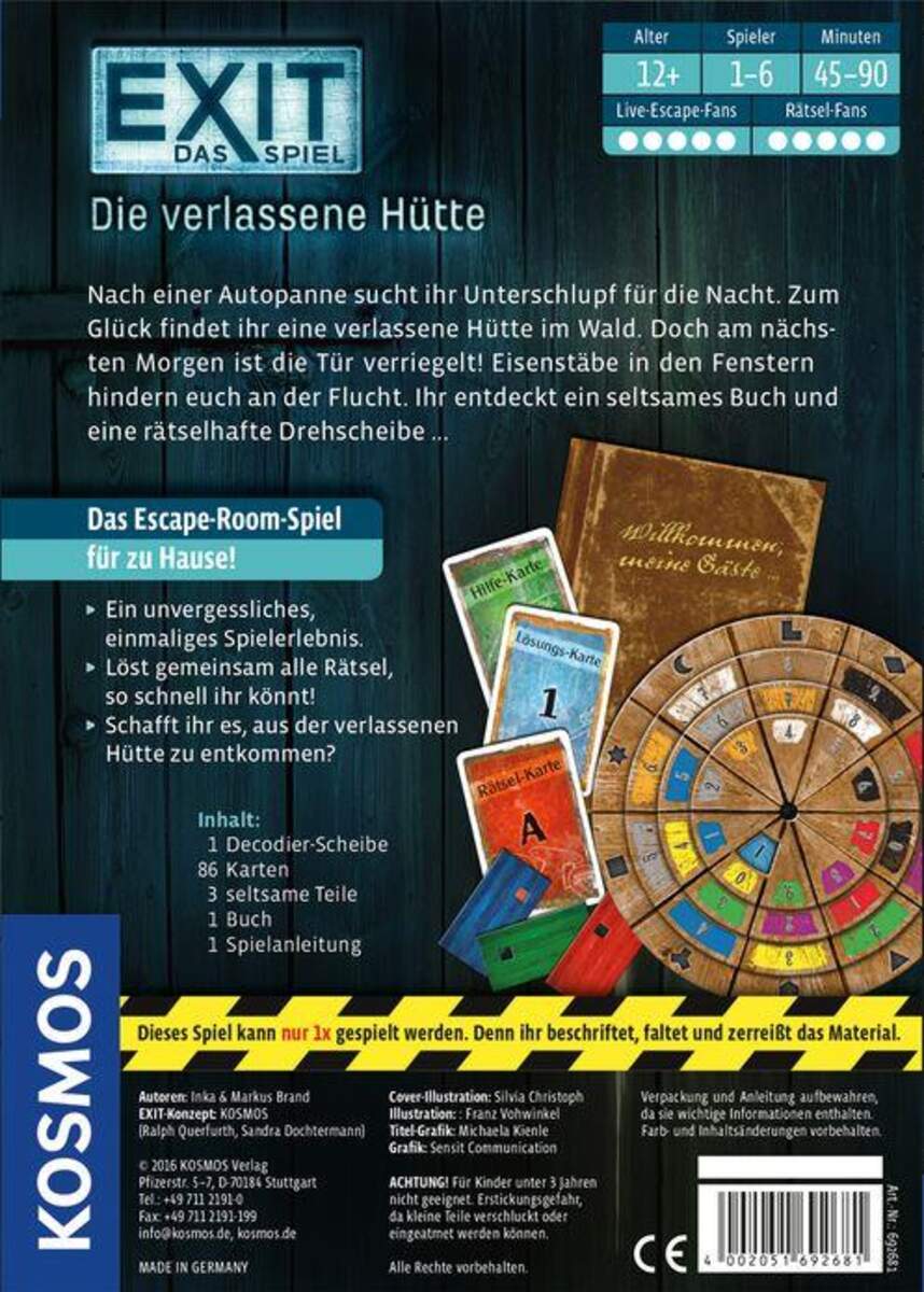 KOSMOS EXIT Das Spiel Die verlassene Hütte, Kennerspiel des Jahres 2017