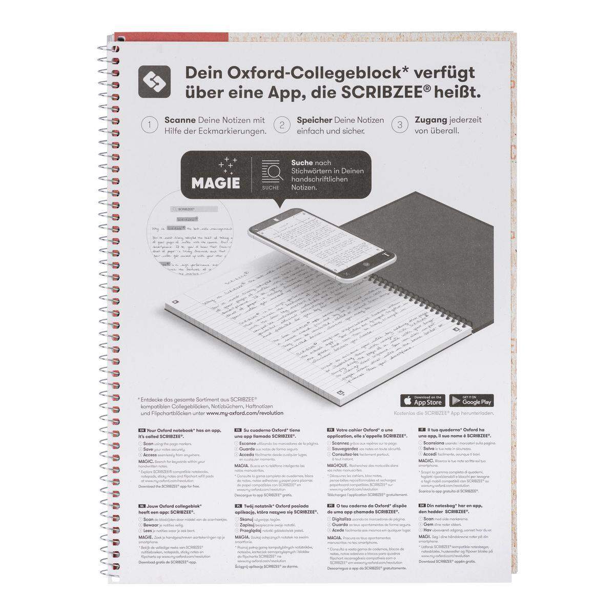 Oxford Recycling Collegeblock A4+, 80 Blatt, kariert mit Doppelrand, 90 g/m², 4fach gelocht, Optik Paper®