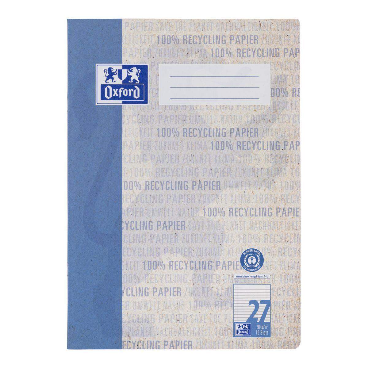 Oxford Recycling Schulheft A4, 16 Blatt, Lineatur 27 (liniert mit Rand links und rechts), 90 g/m², Optik Paper®