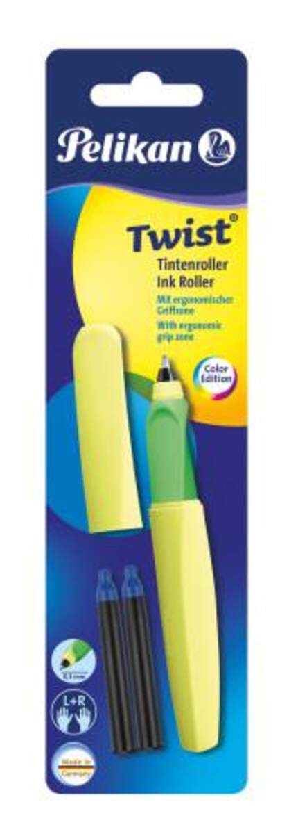 Pelikan Roller Twist, Neon Gelb, universell für Rechts- und Linkahänder, Bisterkarte