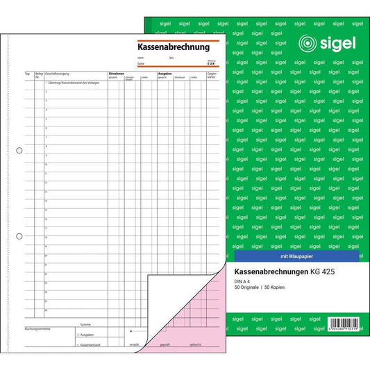 Sigel Kassenabrechnungen KG425 weiß-rot, A4, mit Blaupapier, 2x 50 Blatt