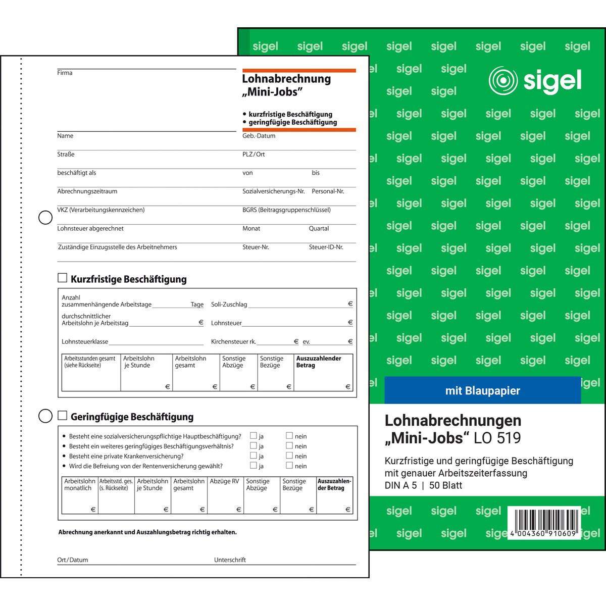 Sigel Lohnabrechnung für "Mini-Jobs" LO519 A5, mit Blaupapier, 50 Blatt