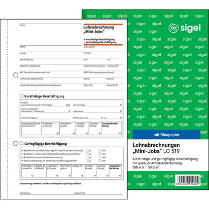 Sigel Lohnabrechnung für "Mini-Jobs" LO519 A5, mit Blaupapier, 50 Blatt